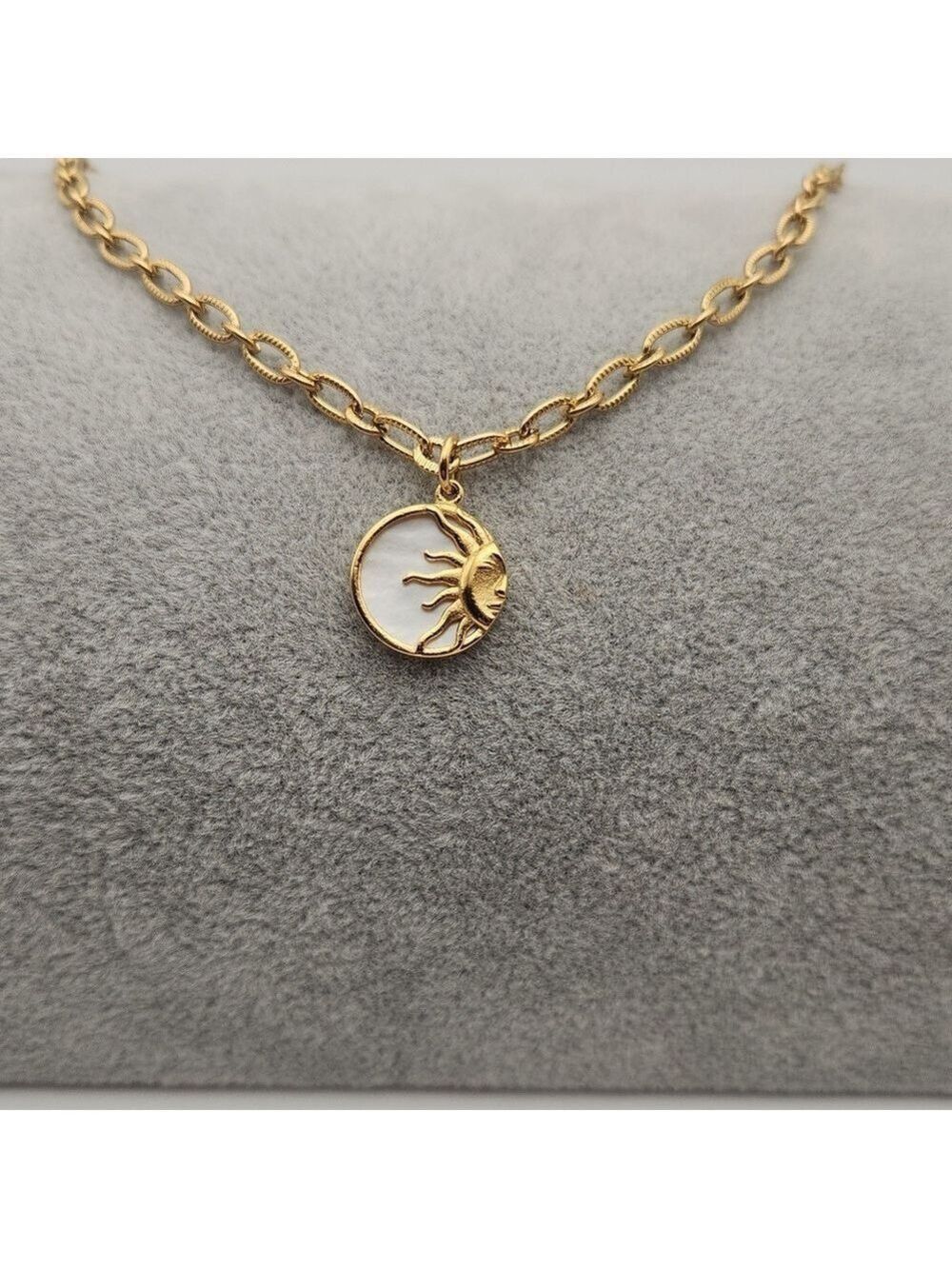 Simulated Diamond Sun Stainless Steel 18K Gold Plated Pendant Necklace